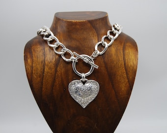 Chunky Silver Plated Heart Necklace: Solid Curb Chain, Toggle Clasp