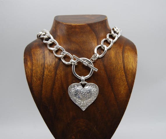 Chunky Silver Plated Heart Necklace: Solid Curb Chain, Toggle