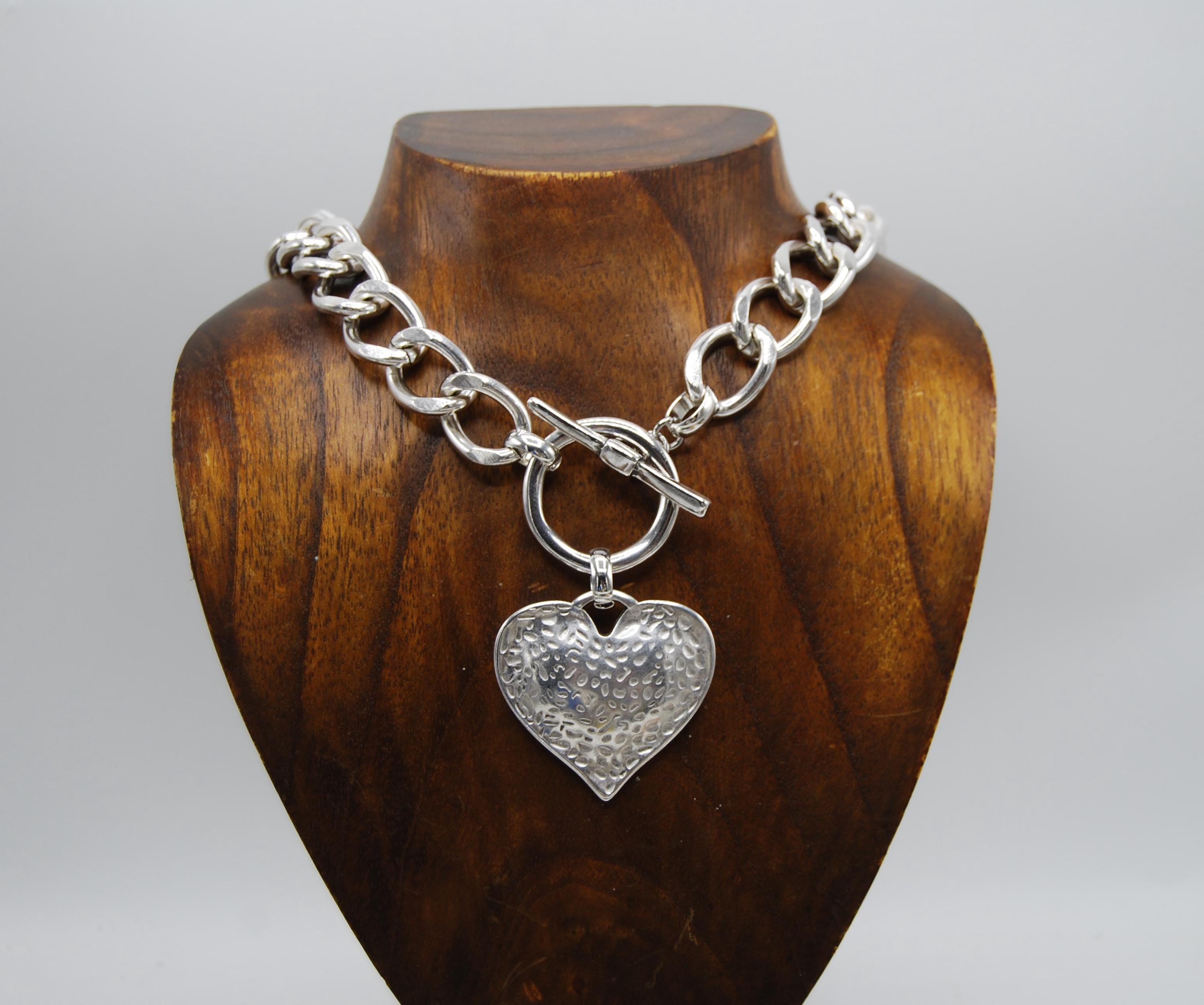 Chunky Silver Plated Heart Necklace: Solid Curb Chain, Toggle