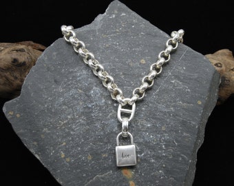 Statement Silver Plated Padlock Necklace: Chunky Rolo Chain, Love Pendant