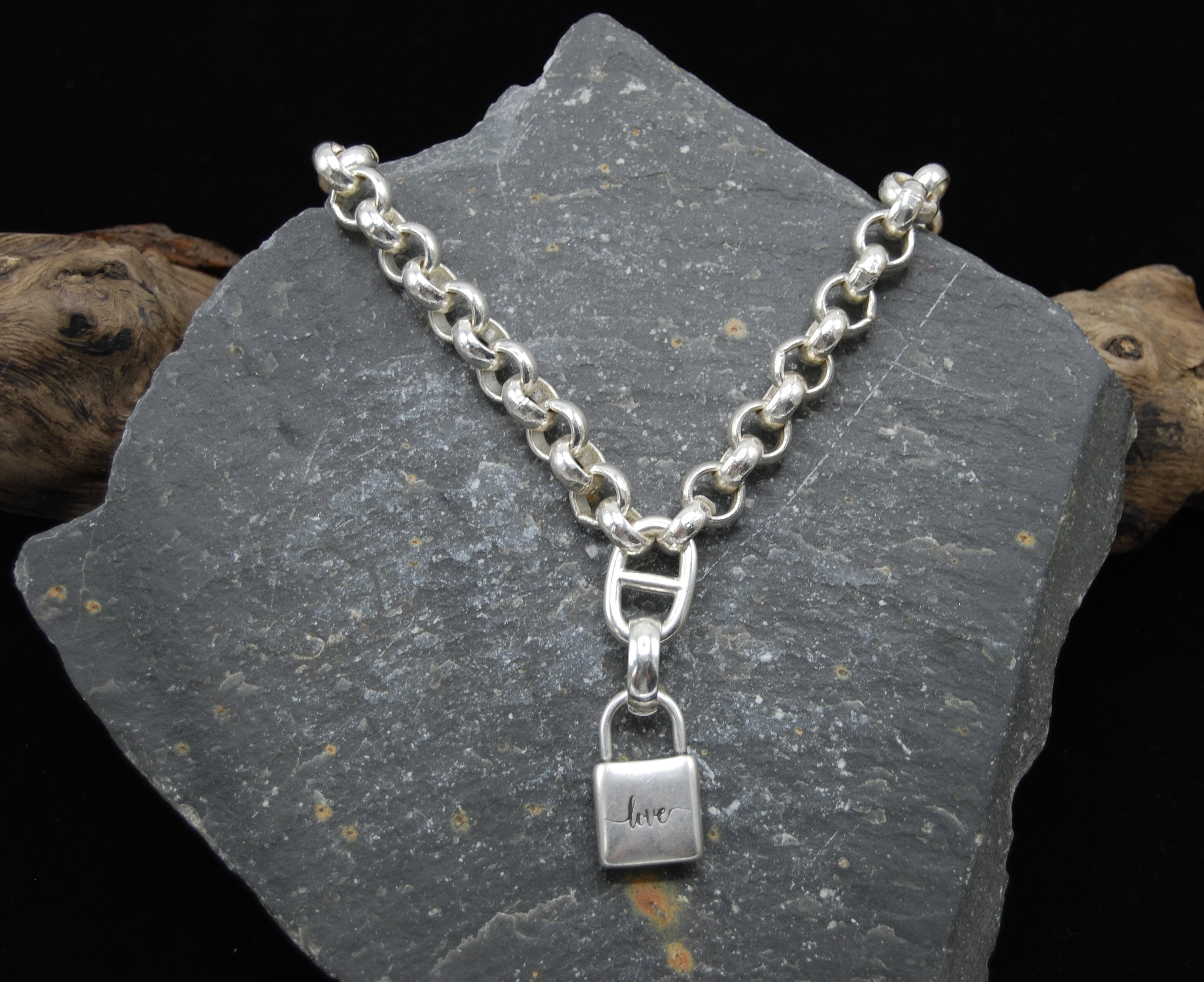 Solid Sterling Silver Padlock Necklace 4.1mm Rolo Chain with Sterling Silver Padlock Clasp Front Necklace Pad Lock Clasp