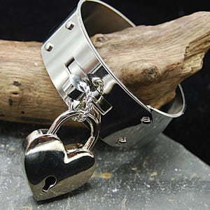 Padlock Cuff Bangle: Wide Stainless Steel Bracelet with Heart Lock