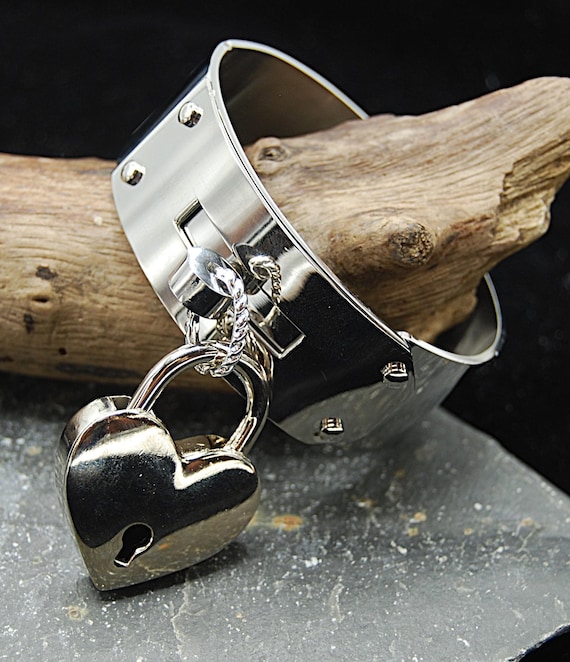 Padlock Cuff Bangle: Wide Stainless Steel Bracelet With Heart Lock