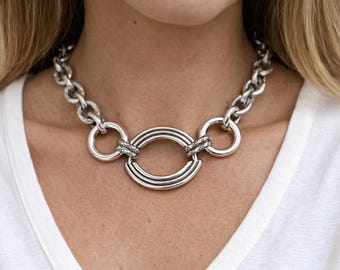 Chunky Silver Chain Necklace, Statement Link Pendant