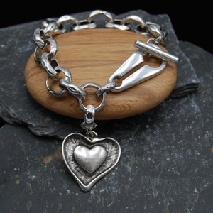 Statement Silver Bracelet, Chunky Rolo Chain Bracelet, Silver Toggle Clasp Bracelet, Silver Heart Bracelet, Silver Big Link Bracelet