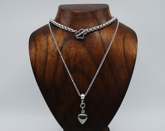 Stainless Steel Layering Necklace Set: Heart Choker & Perfume Bottle Pendant