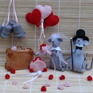 Morris & Miny Just Married - modello pdf per i topi, il loro abito da sposa, il beauty case, la valigia, i palloncini, le rose e l'insegna per auto con le lattine.
