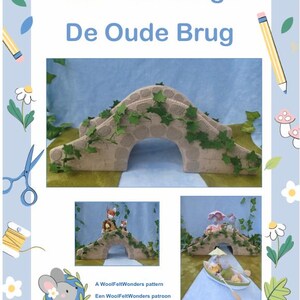 In this picture; the front page of a PDF hand sewing pattern from WoolFeltWonders to make an old style bridge from wool felt. The pattern is decorated with a blue edge with sewing supplies and has pictures of the bridge and the other patterns that go well with this bridge, a family of elagant mice or a pair of foxes. All patterns from WoolFeltWonders.