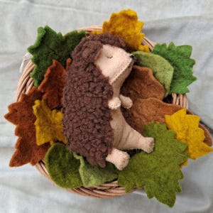 May include: A felted hedgehog figurine with a dark brown textured back and a light beige face, arms, and legs, nestled inside a woven wicker basket filled with assorted felt leaves in shades of green, brown, and yellow.