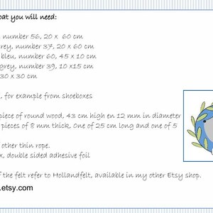 In this picture: a list of materials you need, in English, to make a felt toy sailing boat use for toy animals. 
This boat and mathing toy animals and costumes are made with a PDF hand sewing pattern from WoolFeltwonders and are part of a series with felt toy animals and all kinds of clothing sets to mix and match to portray hobby or profession. Easy to make animals and clothing sets for decoration and play