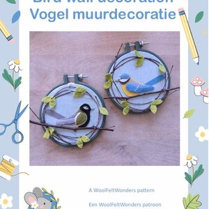 In this picture; the first page of a PDF hand sewing pattern from WoolFeltWonders to make a two little wall decorations with felt birds on linen, a Blue tit en a Great tit, for decoration and education . The pages shows a picture of the design. The pattern page is decorated with the border and logo in the corparated identity from  WoolFeltWonders by Tintangel