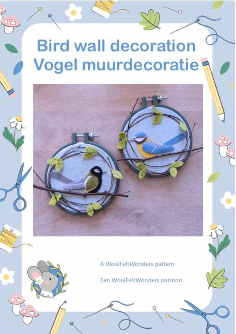 In this picture; the first page of a PDF hand sewing pattern from WoolFeltWonders to make a two little wall decorations with felt birds on linen, a Blue tit en a Great tit, for decoration and education . The pages shows a picture of the design. The pattern page is decorated with the border and logo in the corparated identity from  WoolFeltWonders by Tintangel