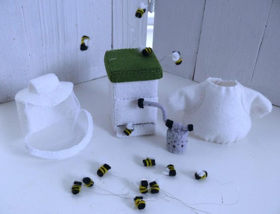 Beekeeper Outfit  sewing pattern –  toy animal clothing set - with felt Beehive & Bees,  (PDF)