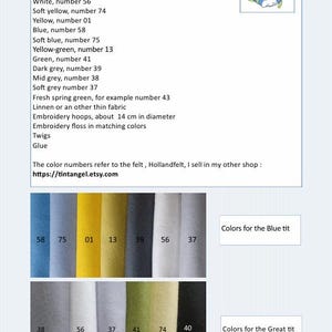 in this picture: a list of materials you need in English  to make a make wall decor with felt birds on linen to use for decoration and education.  This page is part of a PDF hand sewing pattern from WoolFeltWonders by Tintangel.