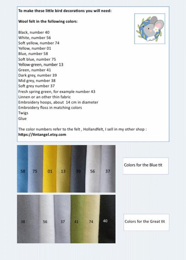 in this picture: a list of materials you need in English  to make a make wall decor with felt birds on linen to use for decoration and education.  This page is part of a PDF hand sewing pattern from WoolFeltWonders by Tintangel.