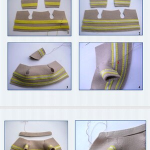 In this picture:  a page of a PDF hand sewing pattern from WoolFeltWonders to make firefigther costumes to dress felt toy animals. This page shows some step-by-step picures of how to make the clothes and accessories. This pattern is part of a series with felt toy animals and costume patterns to mix and match and to portray a hobby of profession.
