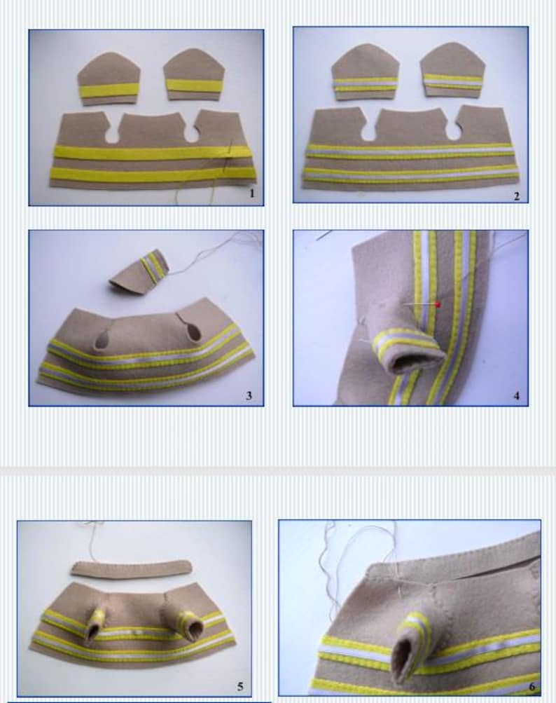In this picture:  a page of a PDF hand sewing pattern from WoolFeltWonders to make firefigther costumes to dress felt toy animals. This page shows some step-by-step picures of how to make the clothes and accessories. This pattern is part of a series with felt toy animals and costume patterns to mix and match and to portray a hobby of profession.