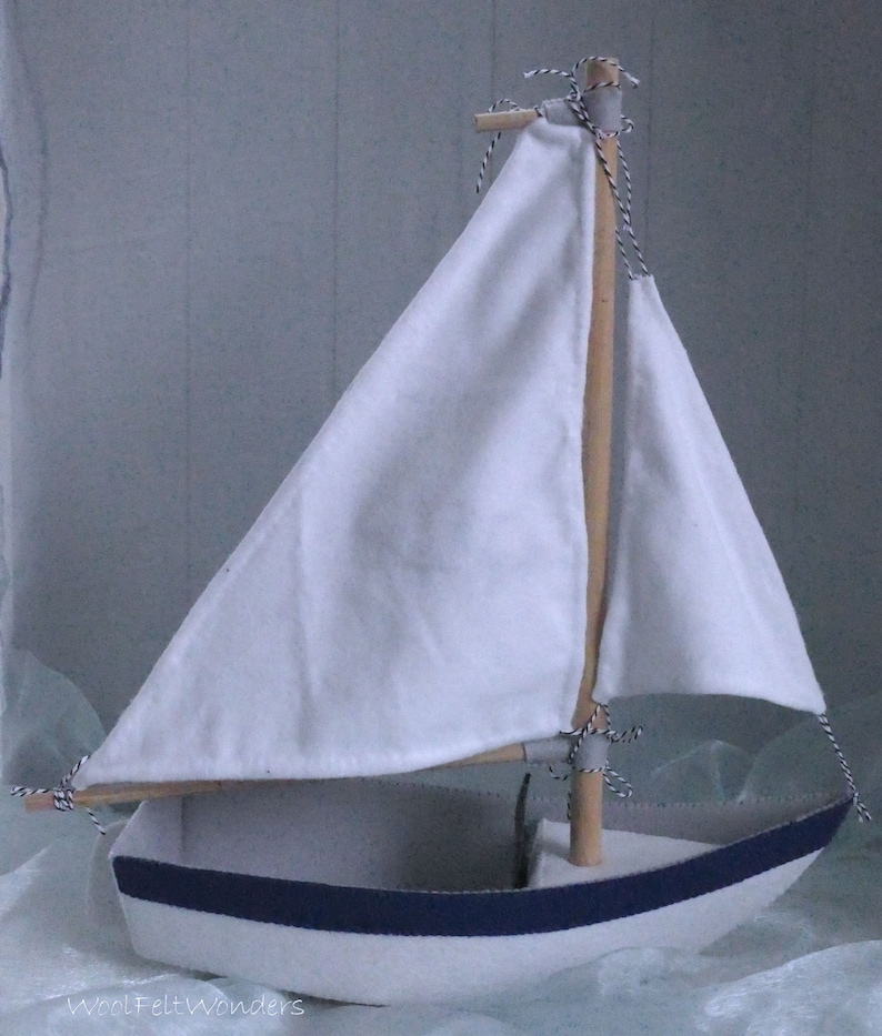 In this picture: a handmade sailing boat, made from felt in white with soft grey and dark blue, with a dark blue steering wheel. The sail is white with bleu lettern WFW.The boat is standing on en soft bleu surface. This boat is made with a PDF handsewing pattern from WoolFeltWonders and is part of a series with felt toy animals ad costumes to portray a profession or hobby. This boat is lovely in combination with some toy animals and the sailor clothing, also a PDF pattern in this series.