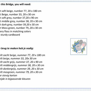 in this picture: a list of materials you need in English and Dutch to make a felt bridge to use for decoration and for Waldorf play.  This page is part of a PDF hand sewing pattern from WoolFeltWonders by Tintangel.