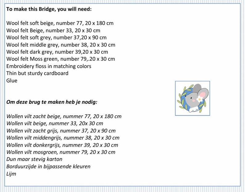 in this picture: a list of materials you need in English and Dutch to make a felt bridge to use for decoration and for Waldorf play.  This page is part of a PDF hand sewing pattern from WoolFeltWonders by Tintangel.
