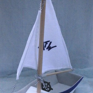 In this picture: a handmade sailing boat, made from felt in white with soft grey and dark blue, with a dark blue steering wheel. The sail is white with bleu lettern WFW.The boat is standing on en soft bleu surface. This boat is made with a PDF handsewing pattern from WoolFeltWonders and is part of a series with felt toy animals ad costumes to portray a profession or hobby. This boat is lovely in combination with some toy animals and the sailor clothing, also a PDF pattern in this series.