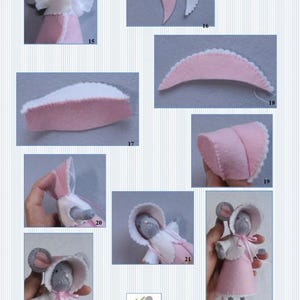 In this picture: a page of a PDF hand sewing pattern from WoolFeltwonders by Tintangel, to make a felt mouse, dressed in pink and white clothing, dress, cape and bonnet, holding a bunch of mistletoe between her hands, all made from felt. This page shows some of the step-by-step pictures. A lovely DIY project to make a sweet Christmas decoration.