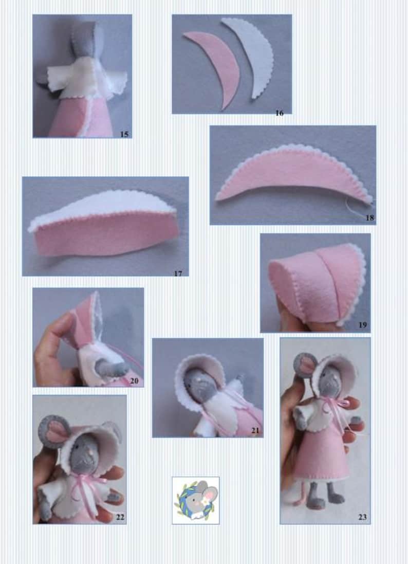 In this picture: a page of a PDF hand sewing pattern from WoolFeltwonders by Tintangel, to make a felt mouse, dressed in pink and white clothing, dress, cape and bonnet, holding a bunch of mistletoe between her hands, all made from felt. This page shows some of the step-by-step pictures. A lovely DIY project to make a sweet Christmas decoration.