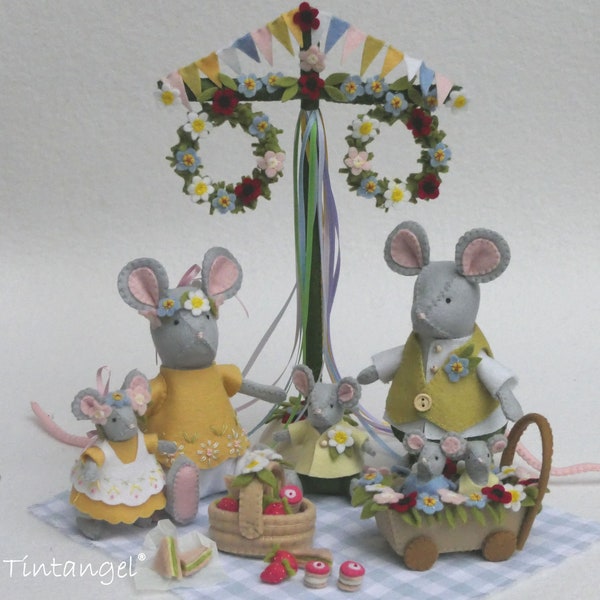 Midsummer Picknick - Mice family with May pole, Little wagen, picknick basket and food - PDF felt pattern - Instant download