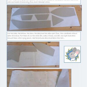 In this picture: a page of a PDf hand sewing pattern from WoolFeltwonders by Tintangel, to make a toysailing boat from felt. These boat pattern is part of a series with felt toy animals and all kinds of clothing sets to mix and match to portray hobby or profession. Easy to make animals and clothing sets for decoration and play. The page shows some step-by-step pictures of the making of these boat.