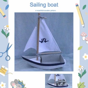 In this picture: the first page of a PDf hand sewing pattern from WoolFeltwonders by Tintangel, to make a toy sailing boat from felt.
This pattern is part of a series with felt toy animals and all kinds of clothing sets to mix and match to portray hobby or profession. Easy to make animals and clothing sets for decoration and play. The page shows some pictures of the sailing boat and the Tintangel logo.