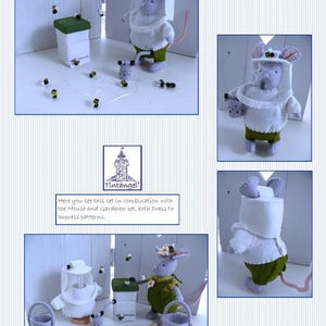 In this picture: a page of a PDf hand sewing pattern from WoolFeltwonders by Tintangel, to make a beekeeper set to dress a toy animal with clothes, beehive, beehood, smoke pice and bees.
This pattern is part of a series with felt toy animals and all kinds of clothing sets to mix and match to portray hobby or profession. Easy to make animals and clothing sets for decoration and play. The page shows some pictures of the set worn by felt mice.