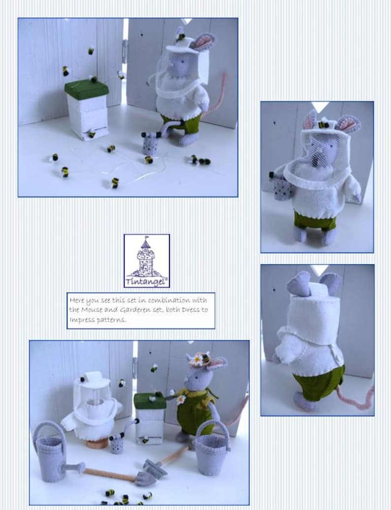 In this picture: a page of a PDf hand sewing pattern from WoolFeltwonders by Tintangel, to make a beekeeper set to dress a toy animal with clothes, beehive, beehood, smoke pice and bees.
This pattern is part of a series with felt toy animals and all kinds of clothing sets to mix and match to portray hobby or profession. Easy to make animals and clothing sets for decoration and play. The page shows some pictures of the set worn by felt mice.