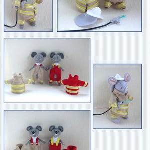 In this picture:  a page of a PDF hand sewing pattern from WoolFeltWonders to make a set of sports clothes and accessories to dress felt toy animals. This page shows some of the clothes and accessories on felt toy animals. This pattern is part of a series with felt toy animals and costume patterns to mix and match and to portray a hobby of profession.