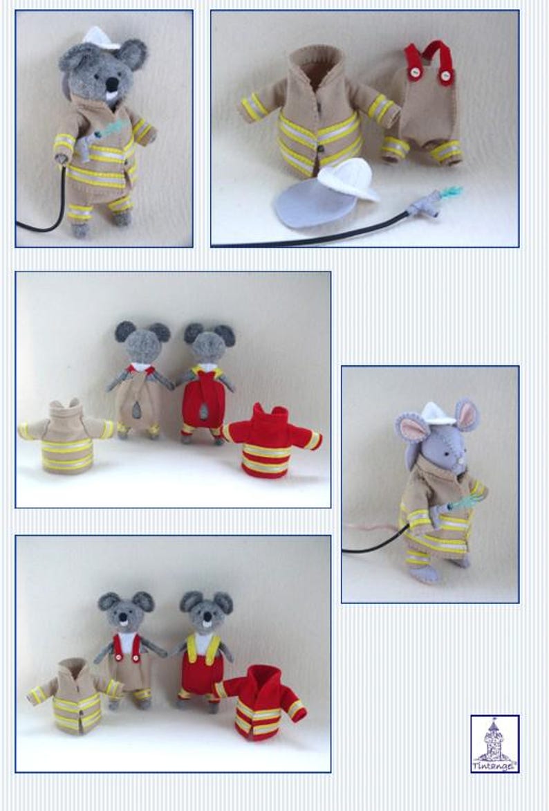 In this picture:  a page of a PDF hand sewing pattern from WoolFeltWonders to make a set of sports clothes and accessories to dress felt toy animals. This page shows some of the clothes and accessories on felt toy animals. This pattern is part of a series with felt toy animals and costume patterns to mix and match and to portray a hobby of profession.
