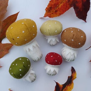 May include: A collection of handmade felt mushrooms in various colors, including yellow, green, brown, and red, each with white polka dots. The mushrooms have white stems and are arranged with autumn leaves on a white surface.
