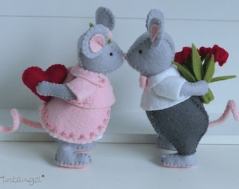 Molde de ratinhos se beijando - PDF - artesanato em feltro - costura à mão - presente de casamento - Dia dos Namorados - download instantâneo