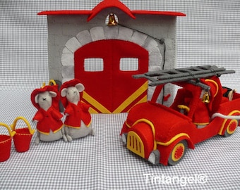 Compleet Firefighter set, with firefighter mice, Firetruck and Fire station - special deal - PDF felt patterns - downloads