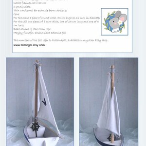 In this picture: a page of a PDf hand sewing pattern from WoolFeltwonders by Tintangel, to make a toysailing boat from felt. These boat pattern is part of a series with felt toy animals and all kinds of clothing sets to mix and match to portray hobby or profession. Easy to make animals and clothing sets for decoration and play. The page shows some step-by-step pictures of the making of these boat.