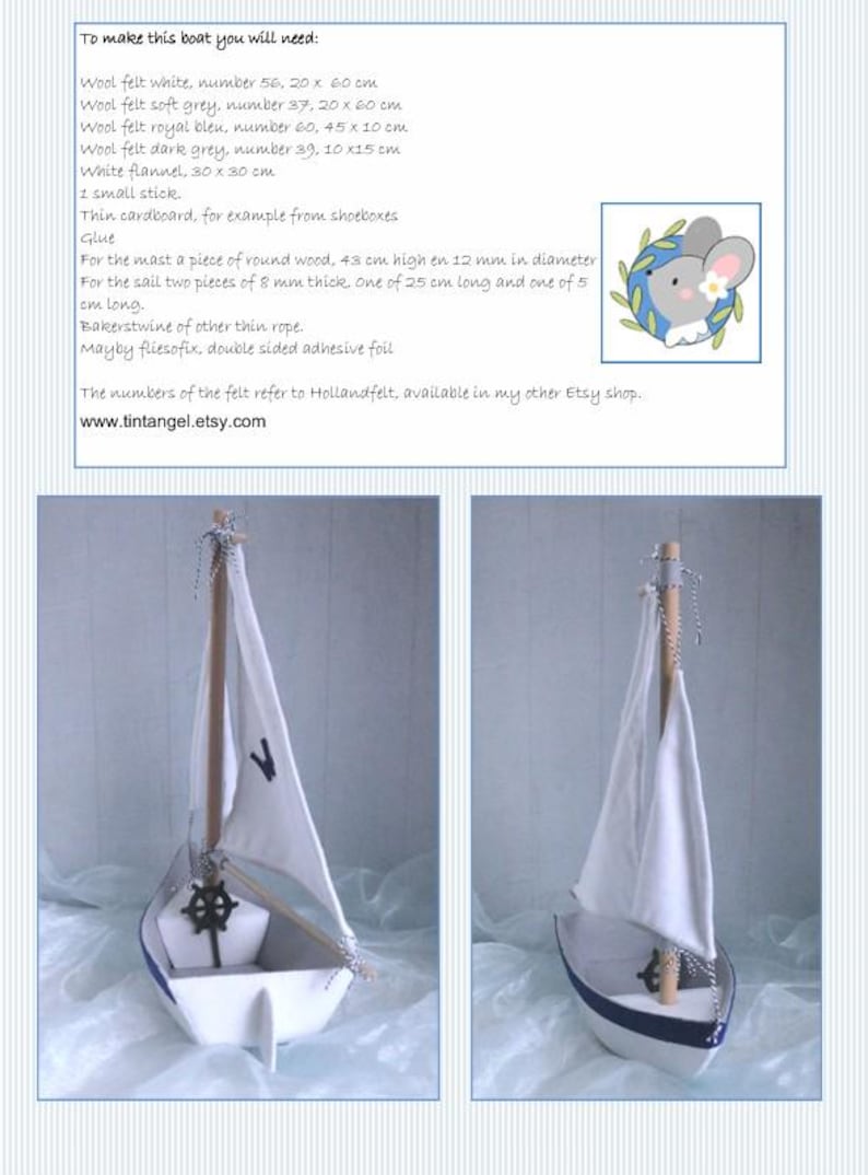 In this picture: a page of a PDf hand sewing pattern from WoolFeltwonders by Tintangel, to make a toysailing boat from felt. These boat pattern is part of a series with felt toy animals and all kinds of clothing sets to mix and match to portray hobby or profession. Easy to make animals and clothing sets for decoration and play. The page shows some step-by-step pictures of the making of these boat.