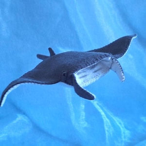 May include: A plush manta ray toy featuring a dark charcoal gray top surface and a contrasting white underside. The creature has wide, wing-like fins with visible stitched edges and a small tail extending from the back of its body.