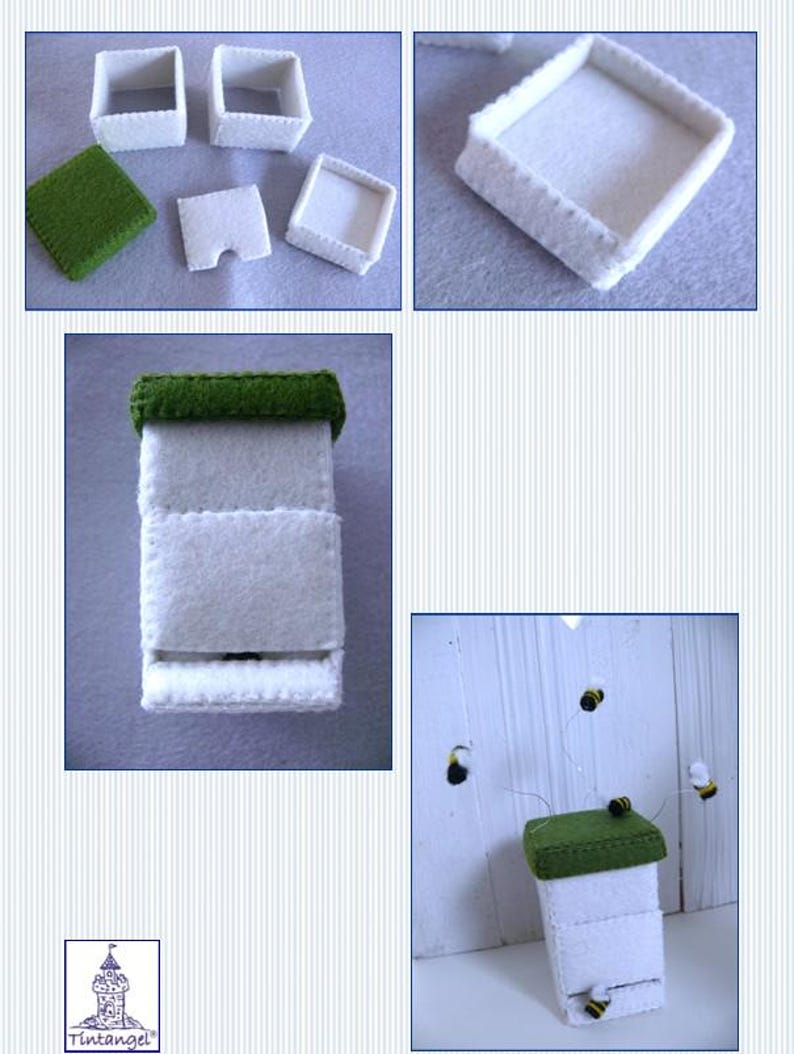 In this picture: a page of a PDf hand sewing pattern from WoolFeltwonders by Tintangel, to make a beekeeper set to dress a toy animal with clothes, beehive, beehood, smoke pice and bees.
This pattern is part of a series with felt toy animals and all kinds of clothing sets to mix and match to portray hobby or profession. Easy to make animals and clothing sets for decoration and play. The page shows some pictures of the making of the beehive.