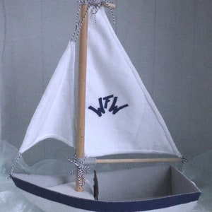 In this picture: a handmade sailing boat, made from felt in white with soft grey and dark blue, with a dark blue steering wheel. The sail is white with bleu lettern WFW.The boat is standing on en soft bleu surface. This boat is made with a PDF handsewing pattern from WoolFeltWonders and is part of a series with felt toy animals ad costumes to portray a profession or hobby. This boat is lovely in combination with some toy animals and the sailor clothing, also a PDF pattern in this series.lauw.