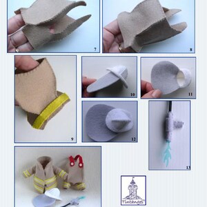 In this picture:  a page of a PDF hand sewing pattern from WoolFeltWonders to make firefigther costumes to dress felt toy animals. This page shows some step-by-step picures of how to make the clothes and accessories. This pattern is part of a series with felt toy animals and costume patterns to mix and match and to portray a hobby of profession.