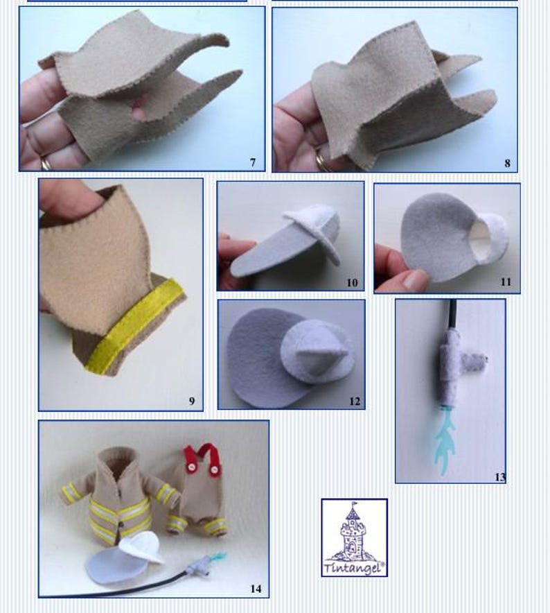 In this picture:  a page of a PDF hand sewing pattern from WoolFeltWonders to make firefigther costumes to dress felt toy animals. This page shows some step-by-step picures of how to make the clothes and accessories. This pattern is part of a series with felt toy animals and costume patterns to mix and match and to portray a hobby of profession.