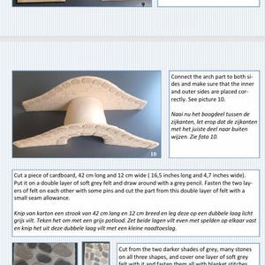 In this picture: a page form a PDF hand sewing pattern from WoolFeltWonders to make felt bridge in old English style, decorated with a stone pattern. This bridge is lovely to combine with animal felt patterns from WoolFeltWonders or little dolls, and is a lovely item to pay with.