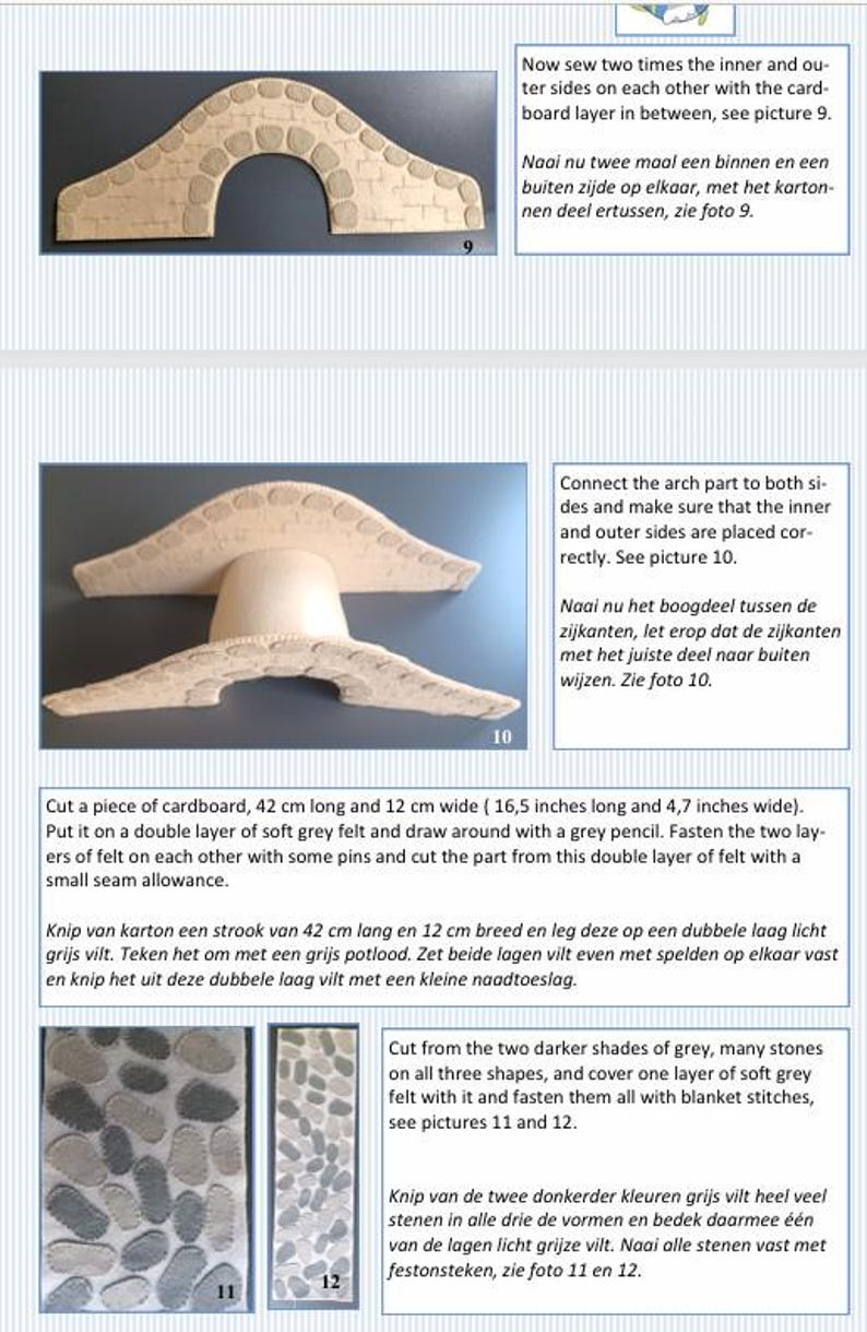 In this picture: a page form a PDF hand sewing pattern from WoolFeltWonders to make felt bridge in old English style, decorated with a stone pattern. This bridge is lovely to combine with animal felt patterns from WoolFeltWonders or little dolls, and is a lovely item to pay with.