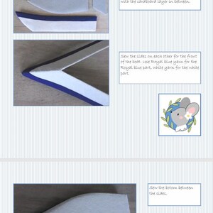 In this picture: a page of a PDf hand sewing pattern from WoolFeltwonders by Tintangel, to make a toysailing boat from felt. These boat pattern is part of a series with felt toy animals and all kinds of clothing sets to mix and match to portray hobby or profession. Easy to make animals and clothing sets for decoration and play. The page shows some step-by-step pictures of the making of these boat.