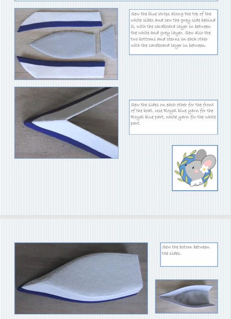 In this picture: a page of a PDf hand sewing pattern from WoolFeltwonders by Tintangel, to make a toysailing boat from felt. These boat pattern is part of a series with felt toy animals and all kinds of clothing sets to mix and match to portray hobby or profession. Easy to make animals and clothing sets for decoration and play. The page shows some step-by-step pictures of the making of these boat.