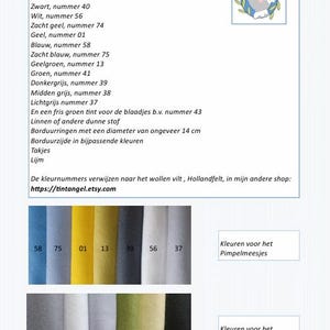 in this picture: a list of materials you need in Dutch to make a make wall decor with felt birds on linen to use for decoration and education.  This page is part of a PDF hand sewing pattern from WoolFeltWonders by Tintangel.