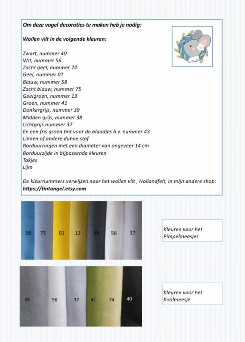 in this picture: a list of materials you need in Dutch to make a make wall decor with felt birds on linen to use for decoration and education.  This page is part of a PDF hand sewing pattern from WoolFeltWonders by Tintangel.